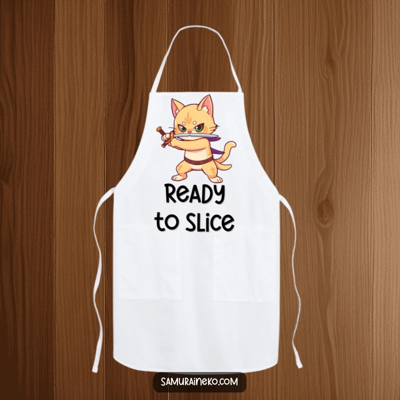 Funny apron showing a cat warrior with a sword, prepared for kitchen battles, ideal for chefs.