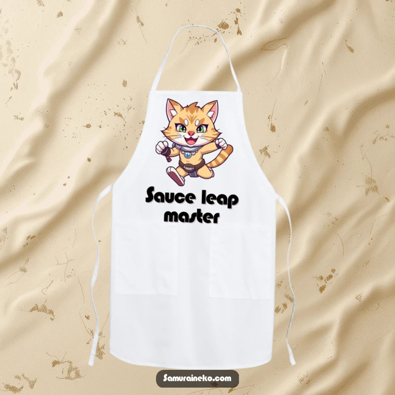 Funny apron with a happy warrior cat mid-leap, showing determination, a humorous and energetic kitchen accessory.