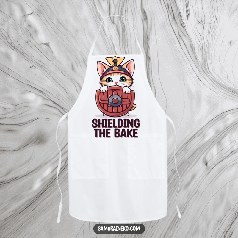 Funny apron with a curious kitten peeking from behind a miniature samurai shield with a shy smile, ready for kitchen action.