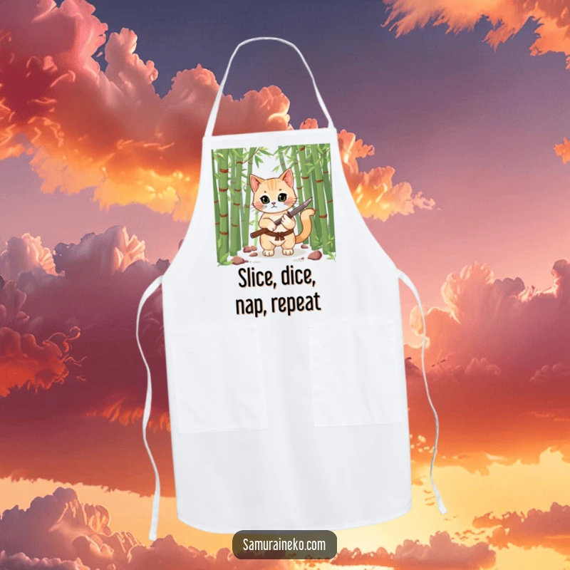 Funny apron showing a cat chef in a bamboo forest, holding a miniature katana, ready to prepare a meal with humorous intensity.