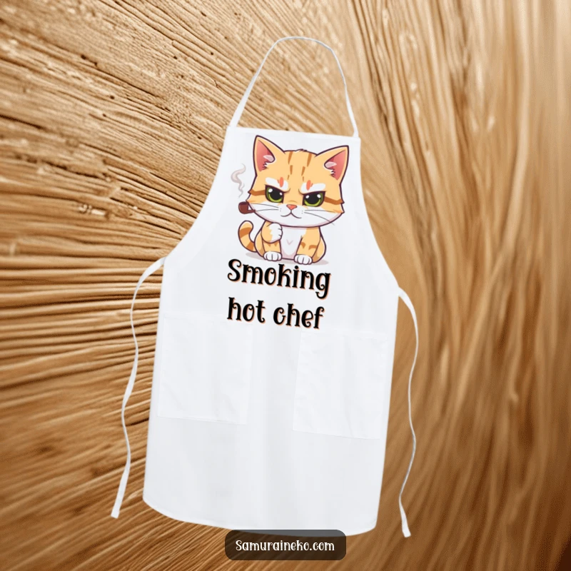 Funny apron featuring a cat with a determined gaze, holding a tiny smoking pipe, ready for kitchen contemplation with humor.