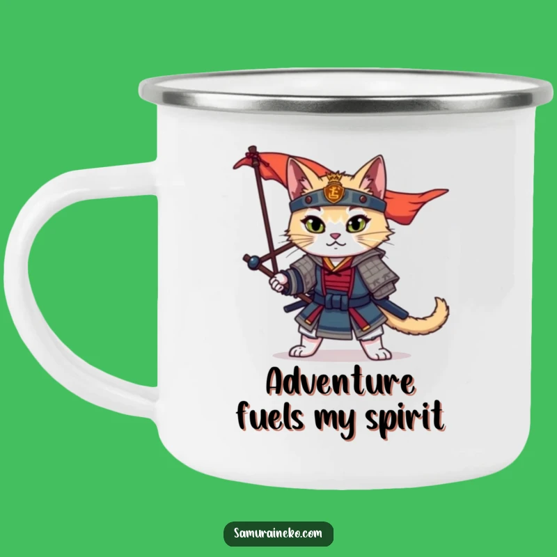 Funny Samurai Cat Camping Mug: Warrior Feline Adventure Cup, Great Gift