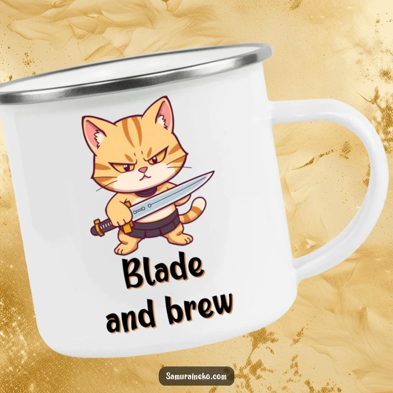 Funny camping mug showing a determined cat character sharpening a tiny sword, ready for outdoor adventures and humor.