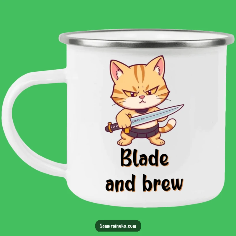 Funny Cat Warrior Camping Mug: Determined Feline Sharpening Sword, Adventure Ready Funny Gift