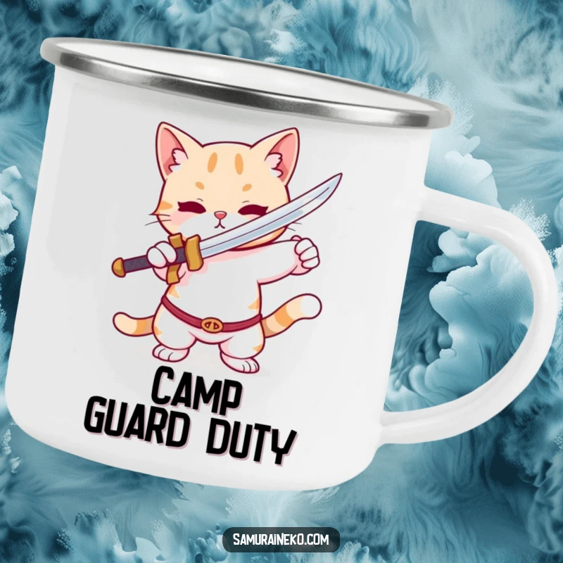 Funny Cat Camping Mug: A rugged mug featuring a cute cat in a playful pose with a tiny sword, ideal for outdoor enthusiasts.