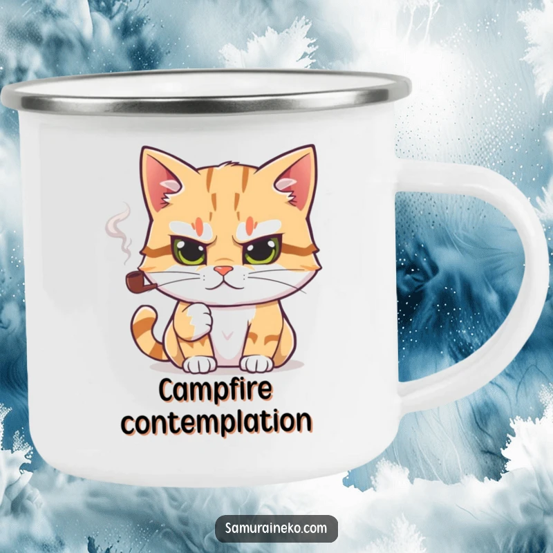Funny camping mug showcasing a cat holding a tiny smoking pipe, perfect for outdoor enthusiasts who appreciate intellectual humor.