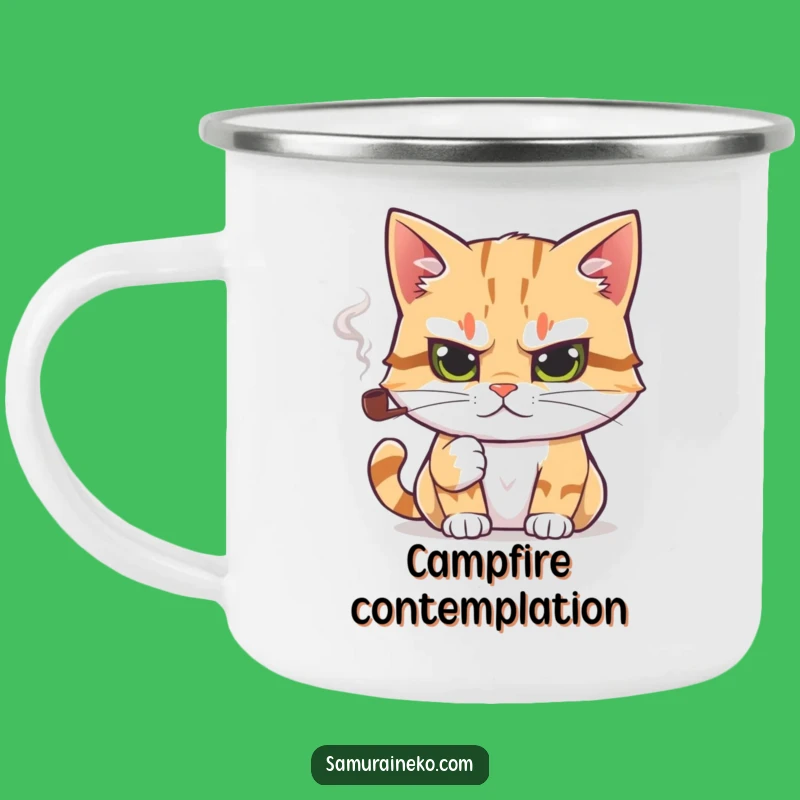 Funny Intellectual Cat Camping Mug: Outdoor Contemplation, Warrior Cat Spirit