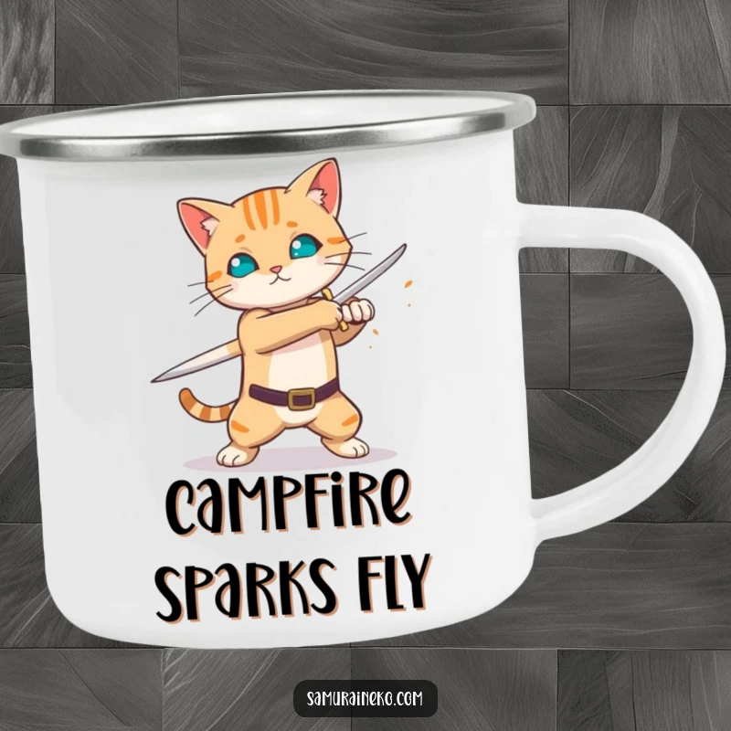 Funny cat practicing sword swing, sparks flying, rugged camping mug, ideal funny gift for adventurers.