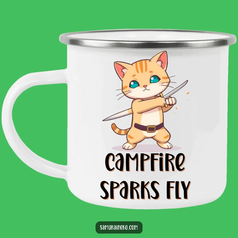 Funny Sword Swing Cat Camping Mug - Fiery Blade Warrior Cup - Adventure Gift