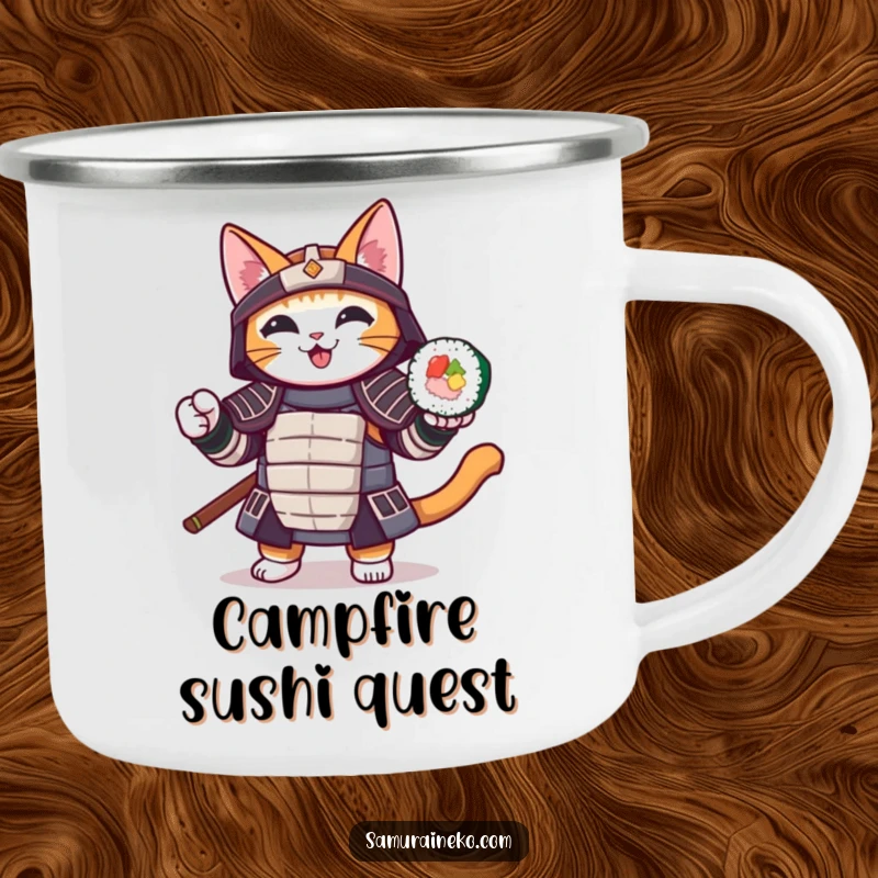 Funny camping mug featuring a samurai cat cheerfully holding a sushi roll, ideal for outdoor enthusiasts and sushi fans.