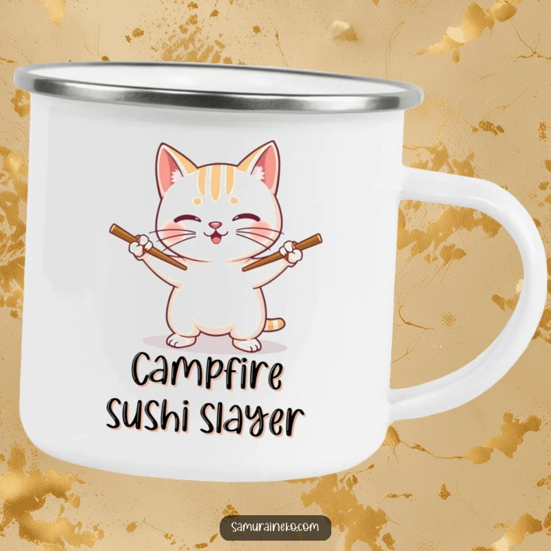 Funny Cat Camping Mug: A smiling cat wields chopsticks like swords, perfect for outdoor adventures.
