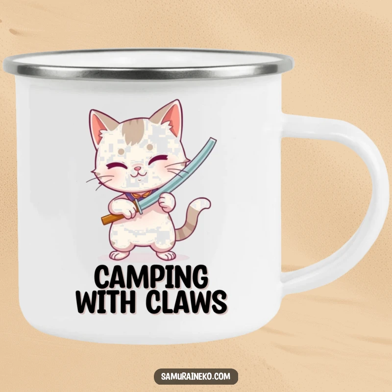 Funny camping mug featuring a cat wielding a tiny bamboo sword with playful intensity, perfect for outdoor action.