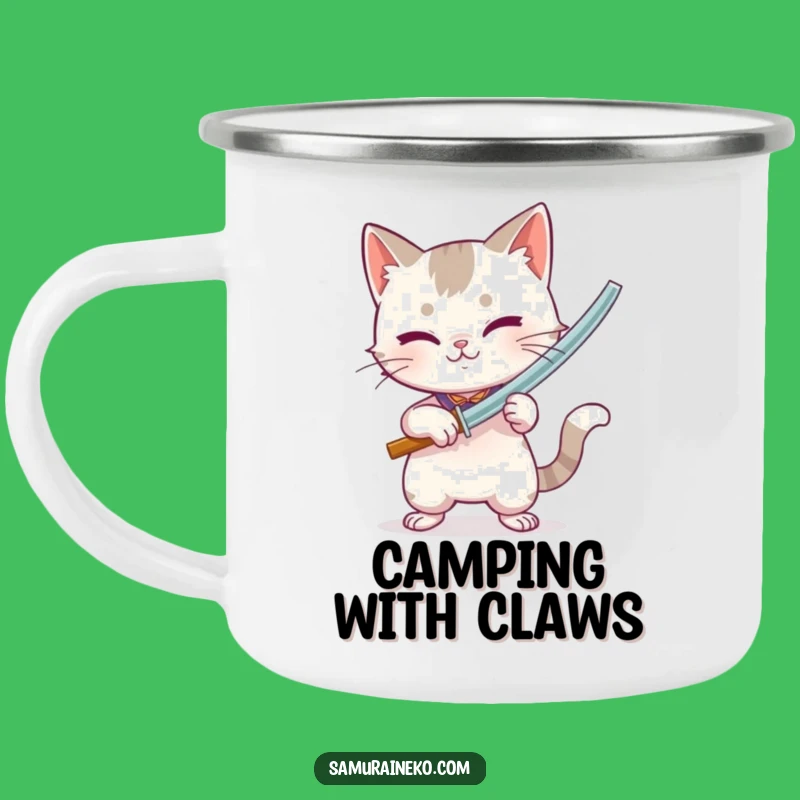 Funny Bamboo Sword Cat Camping Mug: Playful Intense Feline, Outdoor Action Gift