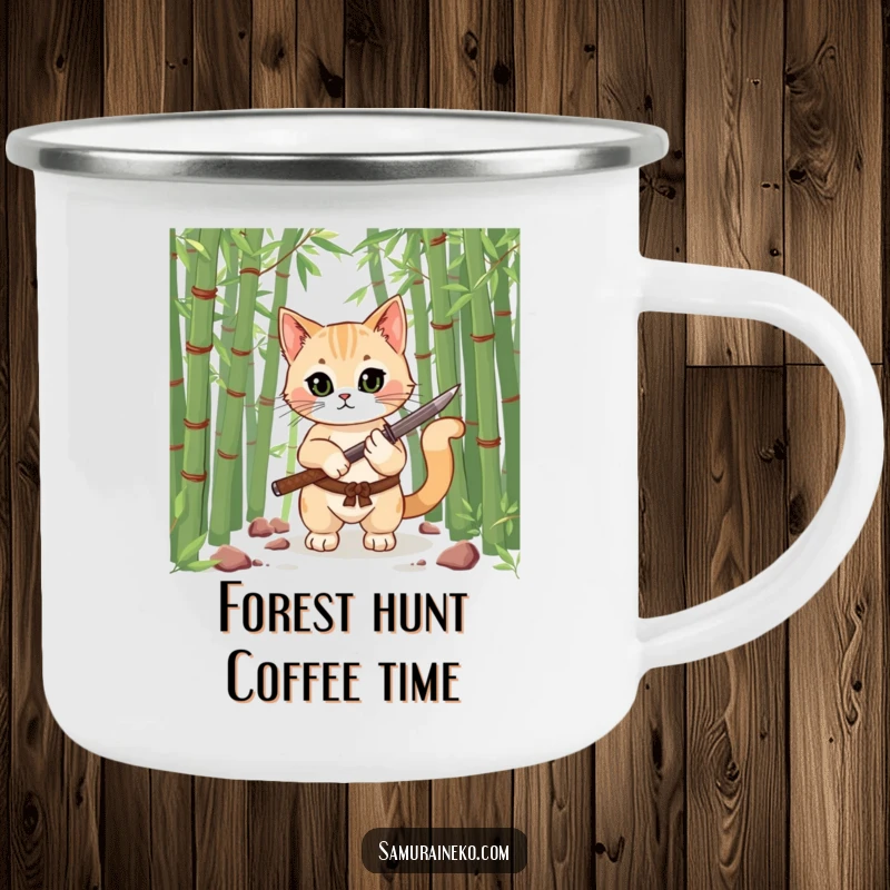 Funny camping mug showing a tough cat warrior in a bamboo forest, holding a small katana, ideal for outdoor enthusiasts who love humor.