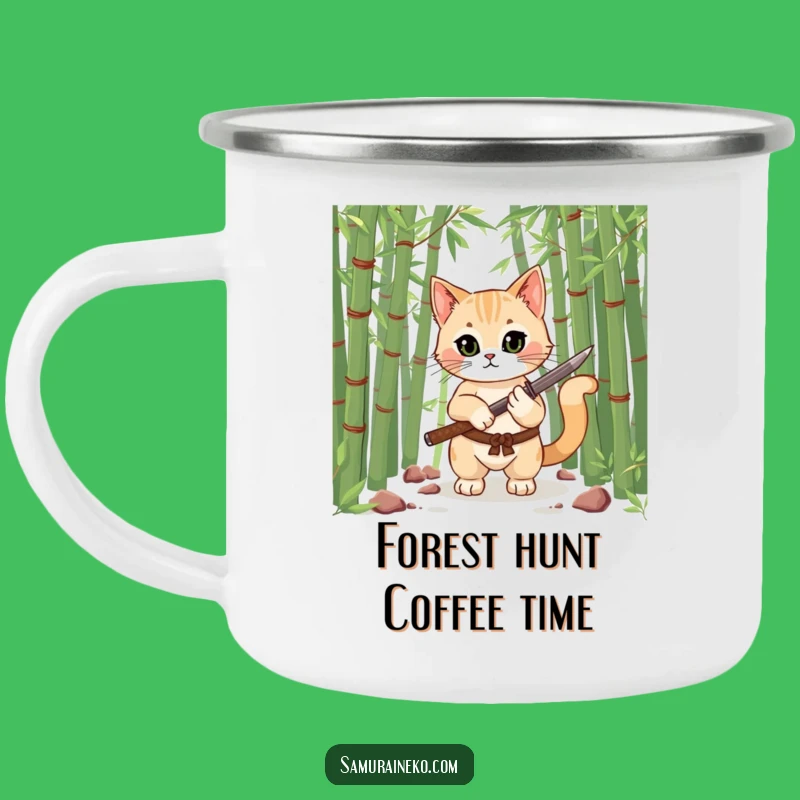 Funny Samurai Cat Camping Mug: Durable Feline Warrior with Katana, Hilarious Outdoor Gift!