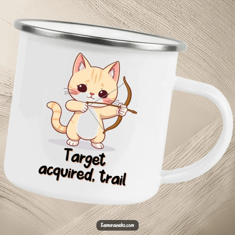 Funny Cat Archer Camping Mug: A durable mug featuring a funny cat archer concentrating, perfect for outdoor activities and humorous sipping.