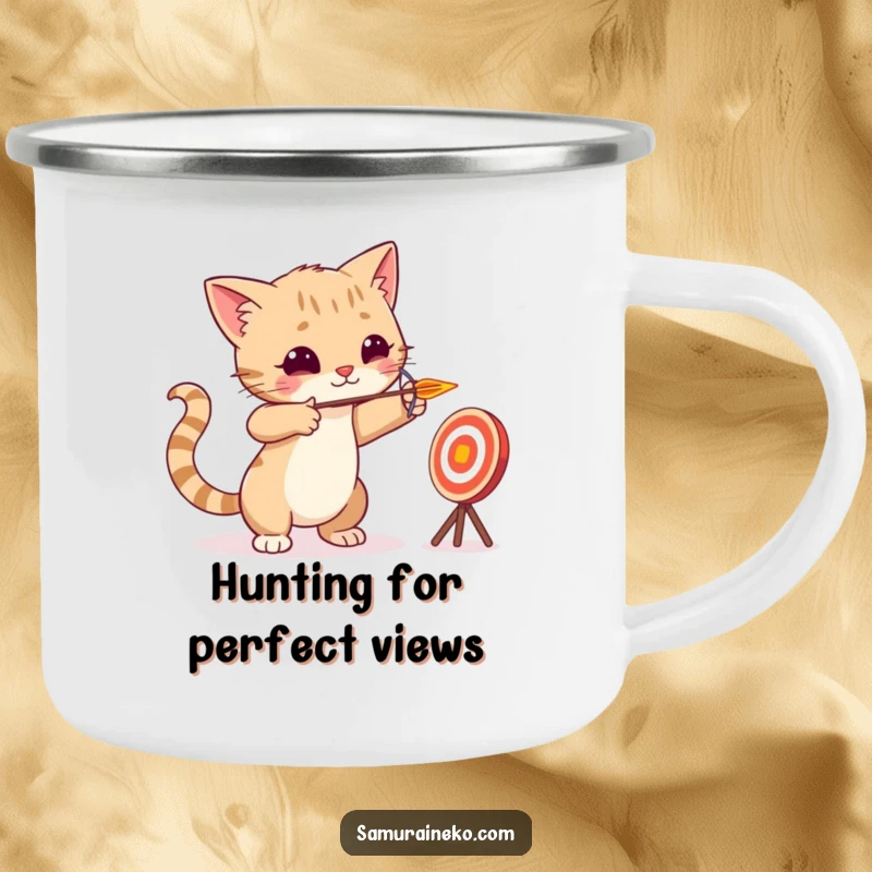 Funny cat archer aiming a tiny arrow at a playful target, featured on a sturdy enamel camping mug for outdoor enjoyment.