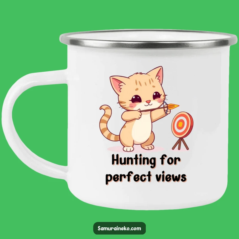 Funny Cat Archer Enamel Mug - Tiny Arrow Target Practice Camp Gear