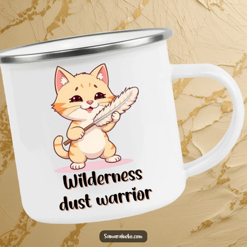 Funny camping mug featuring a cat playfully sparring with a feather duster, perfect for outdoor enjoyment and funny moments.