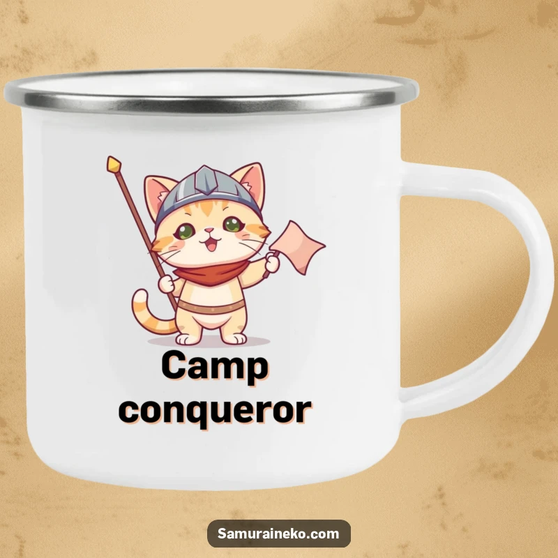 Funny camping mug: a cat wearing a small helmet holds a victory banner, perfect for celebrating outdoor wins.