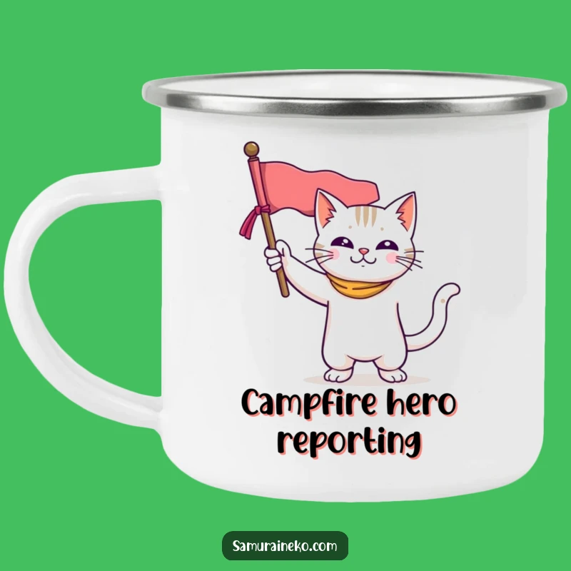 Funny Cat Hero Camping Mug: Adventure Feline Banner Cup - Ideal Funny Gift!