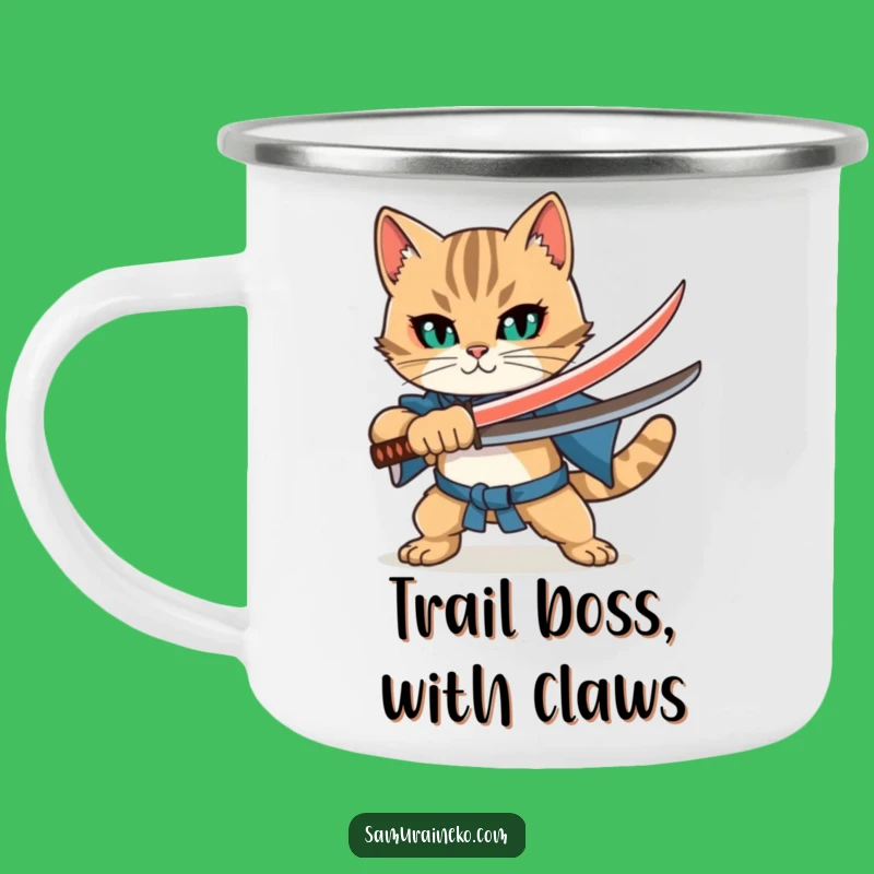 Funny Cat Katana Camping Mug: Bold Warrior Feline Outdoors Perfect Gift