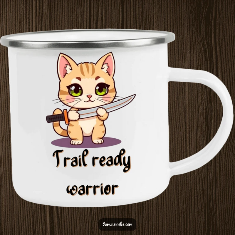 Funny Cat Katana camping mug with a wide-eyed cat proudly holding a tiny katana, perfect for rugged use and adding a humorous touch to camping trips.