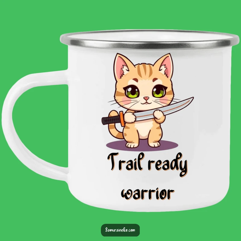 Funny Cat Katana Camping Mug: Proud Warrior with Wide Eyes, Outdoor Humorous Drinkware