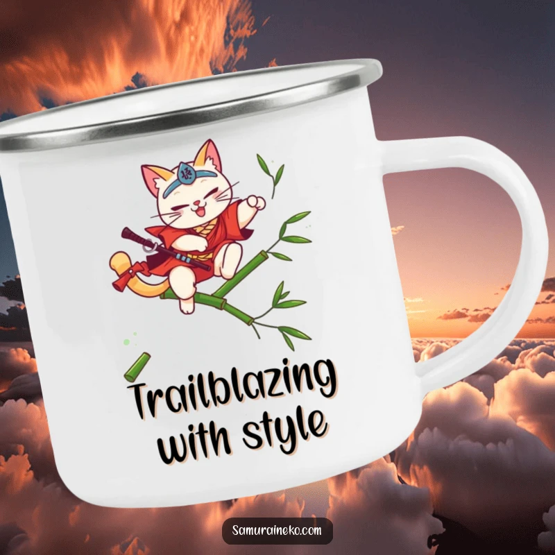 Funny cat samurai leaping over bamboo on a camping mug, ready for adventure, a funny gift.