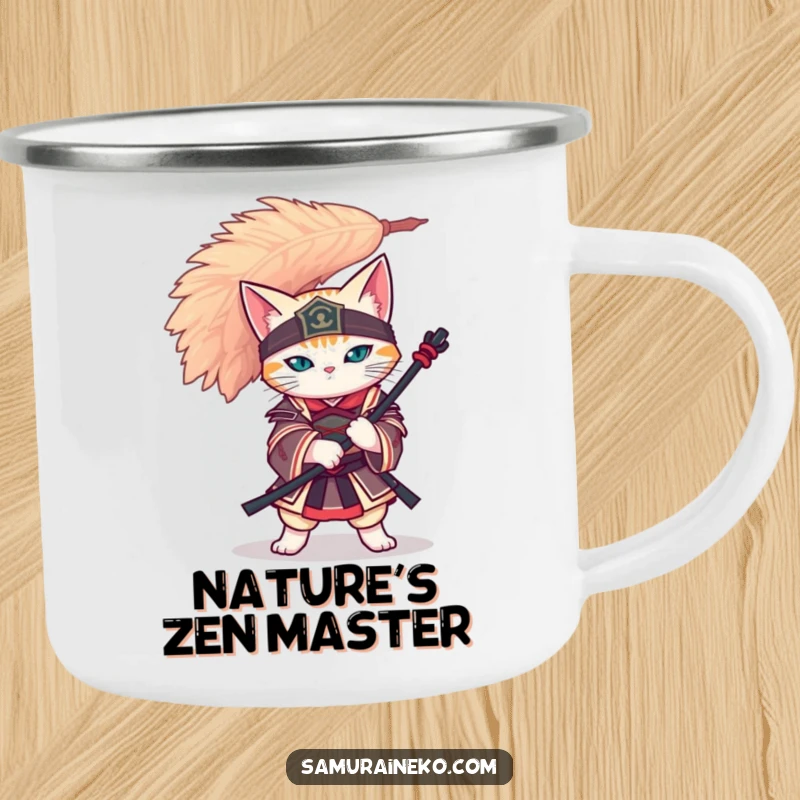 Funny cat samurai balancing a giant feather on its head, featured on a sturdy enamel camping mug for outdoor enjoyment.