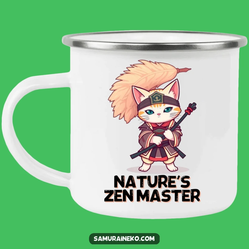 Funny Cat Samurai Enamel Mug - Feather Balance Zen Camp Gear