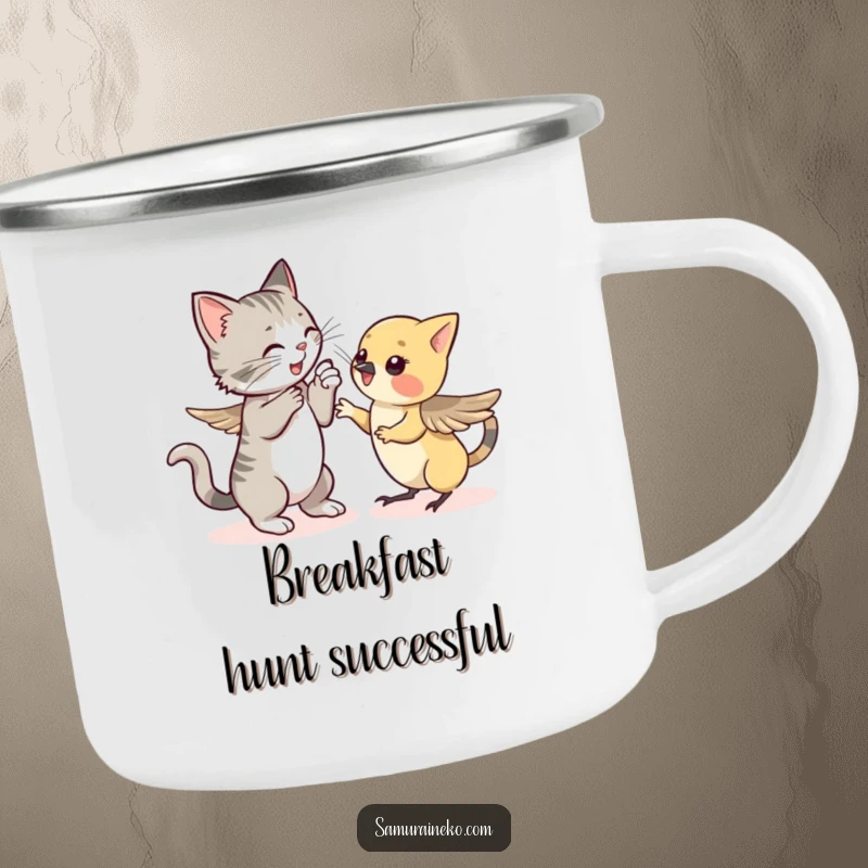 Funny camping mug: a cat playfully sparring with a small sparrow, perfect for outdoor humor and drinks.