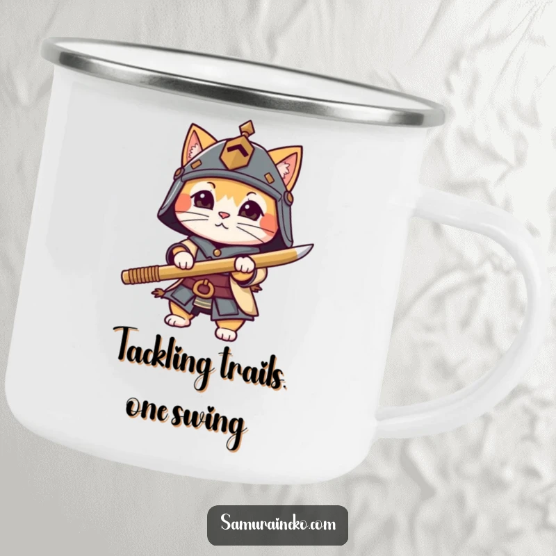 Funny cat character in a small helmet with a bamboo sword, featured on a sturdy enamel camping mug for rugged adventures.