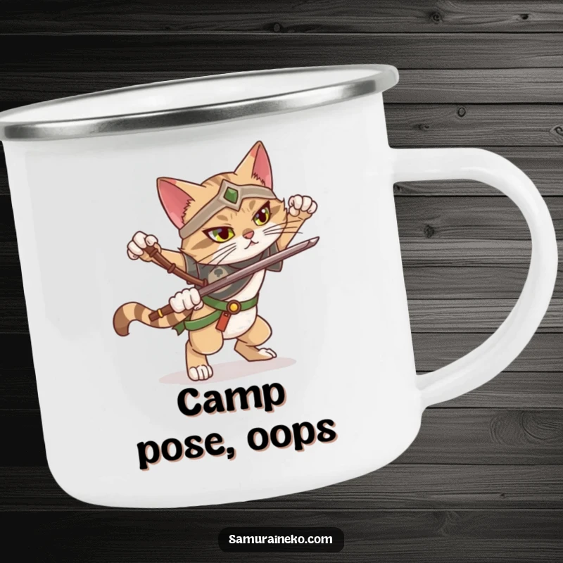Funny camping mug with a cat warrior attempting a dramatic pose and slightly losing balance, great for outdoor adventures.