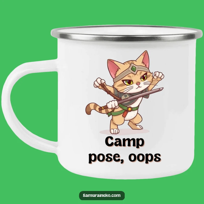 Funny Falling Cat Warrior Camping Mug: Dramatic Pose Fail, Outdoor Humor Gift