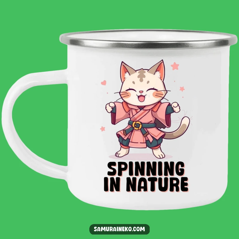 Funny Feline Samurai Spin Camping Mug - Celebrate Outdoors with Humor