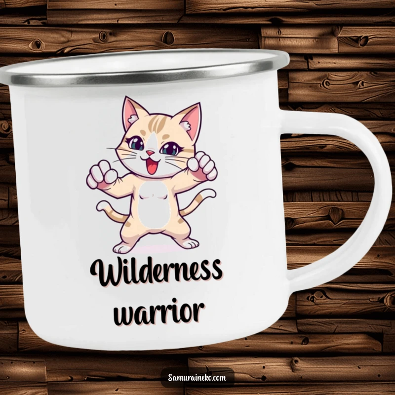 Funny cat camping mug showing a cat in an intense, playful fighting stance.
