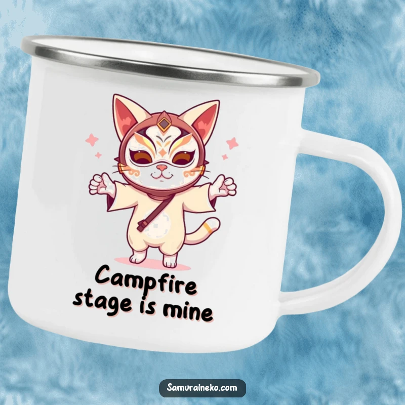 Funny Kabuki Cat Camping Mug: A durable mug featuring a funny cat dancing in a kabuki mask, perfect for outdoor enjoyment and humorous sipping.