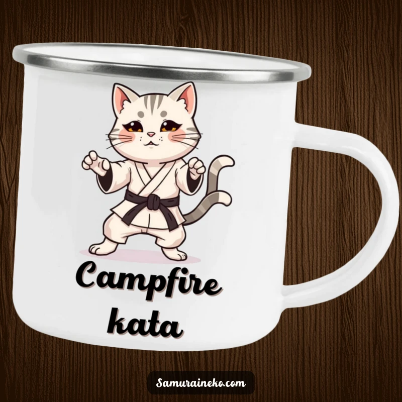 Funny camping mug featuring a cat in a karate pose with a happy, wagging tail, ideal for outdoor enthusiasts.