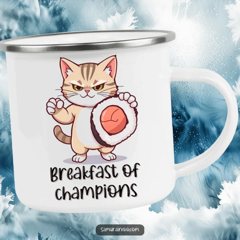 Funny camping mug with a fierce yet cute kitty striking a dramatic pose with a comically oversized sushi roll, for outdoor adventures.