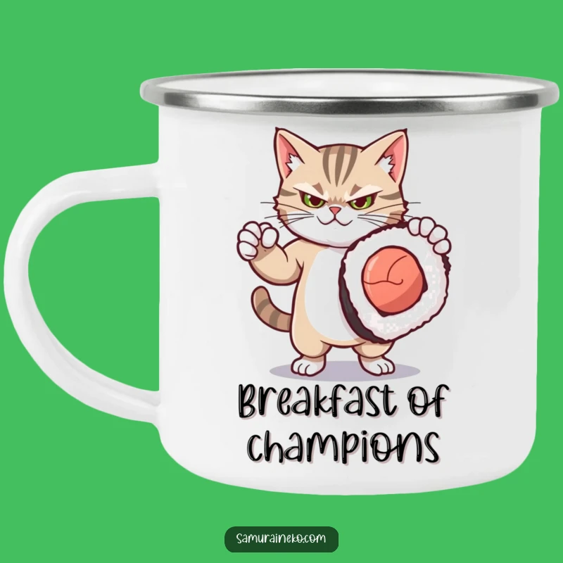 Funny Kitty Sushi Camping Mug: Dramatic Cat Adventure for Your Morning Brew