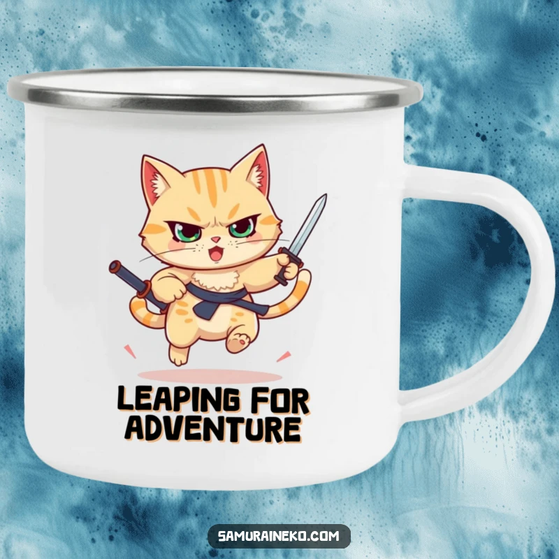 Funny determined cat leaping with a raised sword, rugged camping mug, ideal funny gift for adventurers.