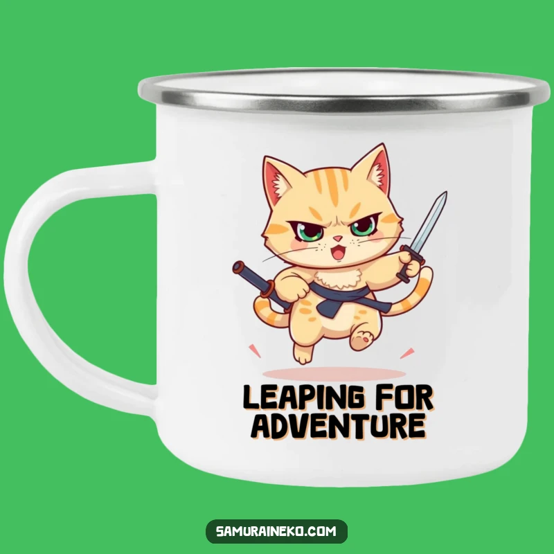 Funny Leaping Cat Camping Mug - Tiny Sword Warrior Cup - Adventure Gift