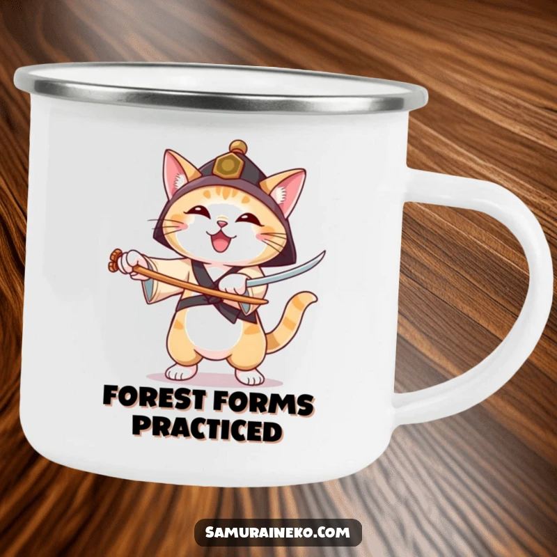 Funny camping mug with a cat in a ronin hat practicing sword forms with a joyful expression, ready for outdoor practice.