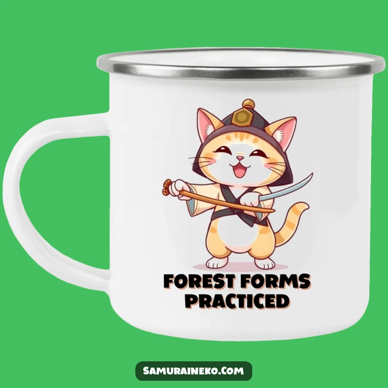 Funny Ronin Cat Camping Mug: Joyful Swordsman Feline, Outdoor Practice Gift