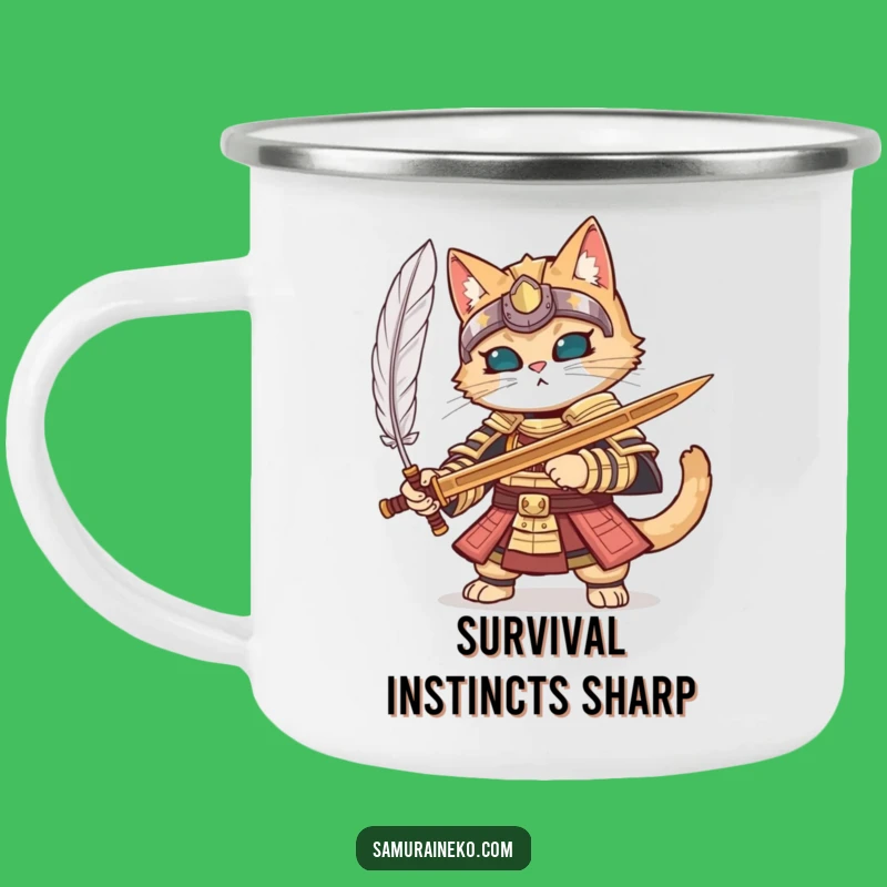Funny Samurai Cat Armor Camping Mug - Detailed Companion for Focused Adventures