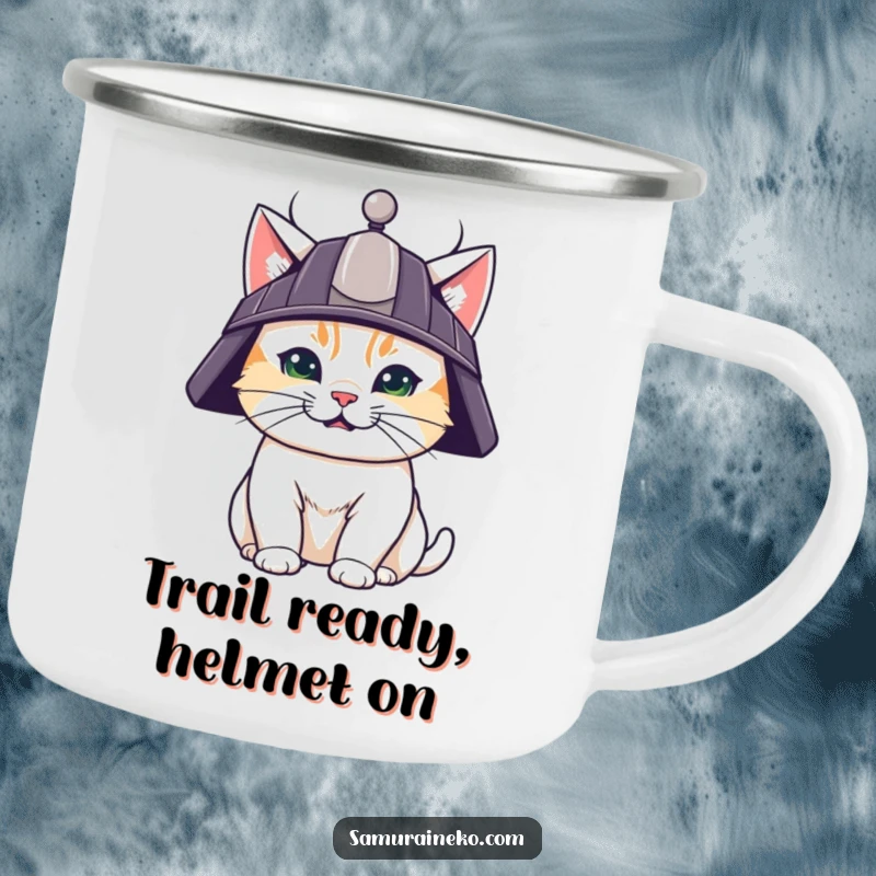 Funny camping mug with a determined cat in a samurai helmet, ready for outdoor challenges with a humorous warrior vibe.