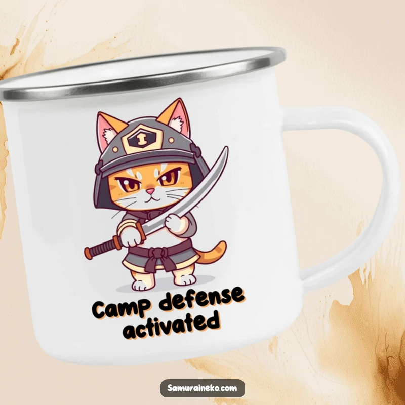 Funny camping mug showcasing a cat in a helmet, bravely unsheathing a small katana, perfect for outdoor enthusiasts who appreciate humor.