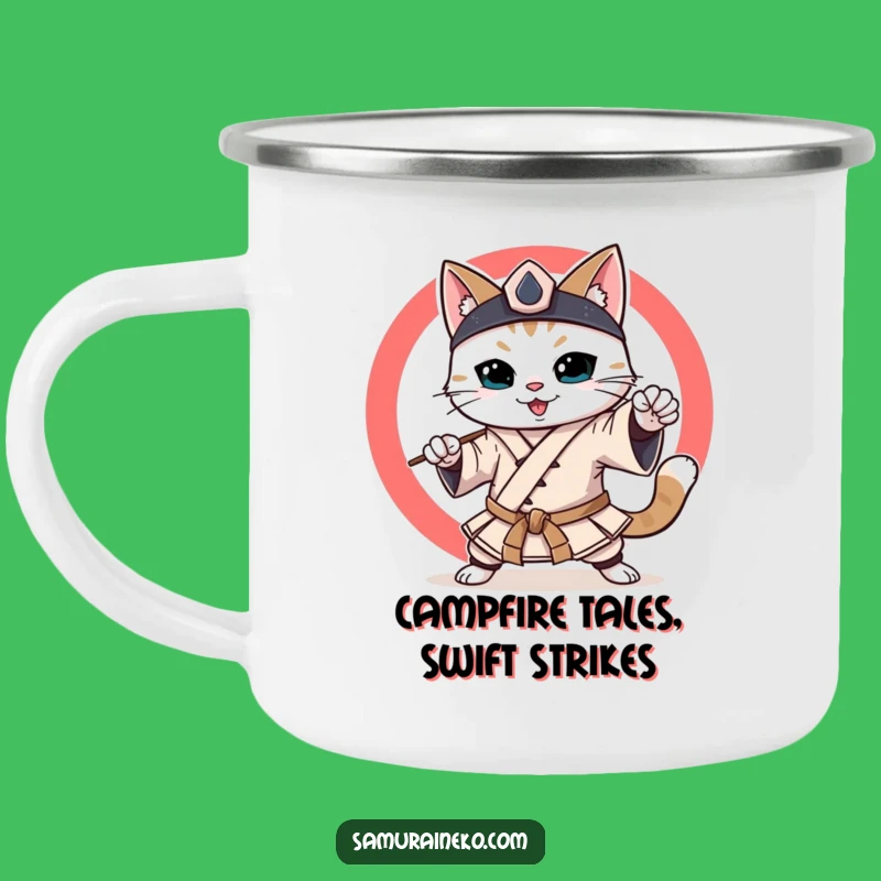 Funny Samurai Cat Camping Mug: Smiling Martial Artist Outdoor Perfect Gift