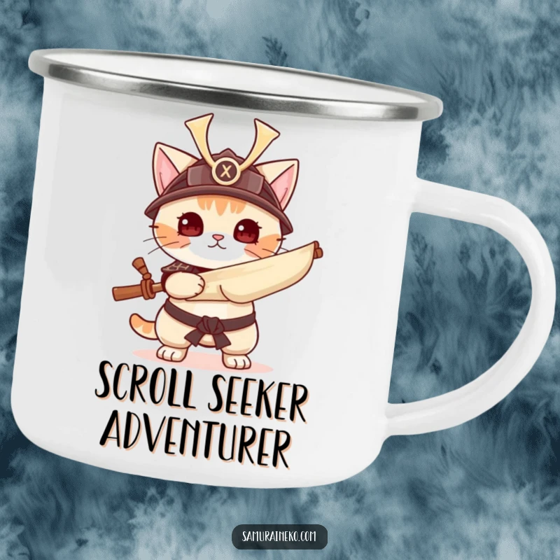 Funny cat in samurai helmet with scroll, rugged camping mug, ideal funny gift for adventurers.
